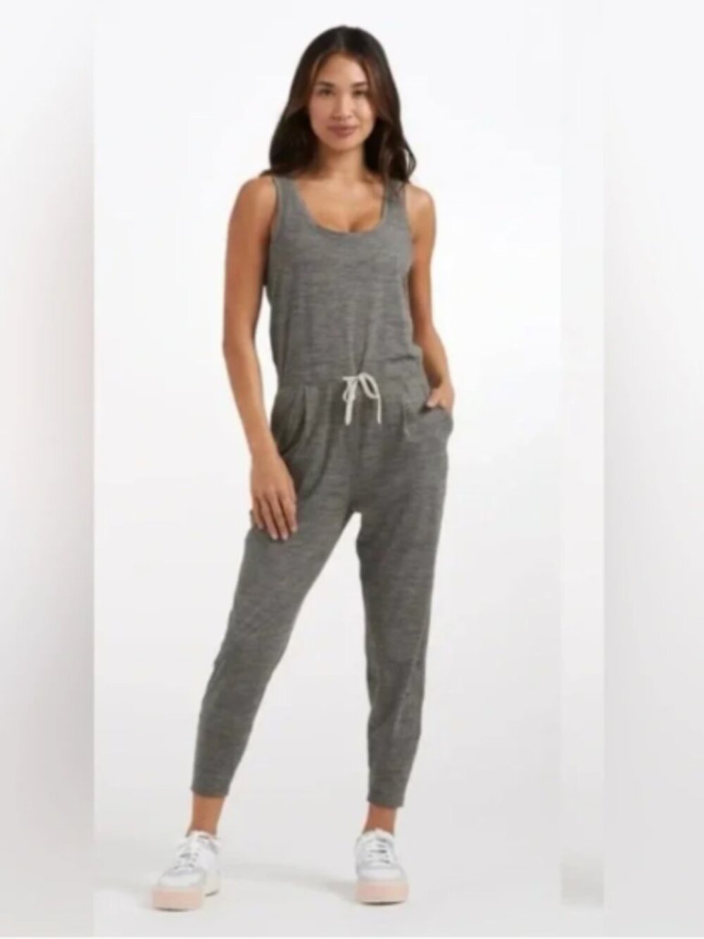 Vuori Lux Harem Jumpsuit Heather Taupe Luxe Jersey Knit Soft Crop Jogger S/M